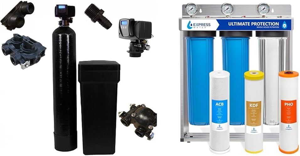 Fleck Whole House 64k Water Softener System Upgraded 10% Resin 5600sxt Metered on-demand & EXPRESS WATER 3-Stage Heavy Met...