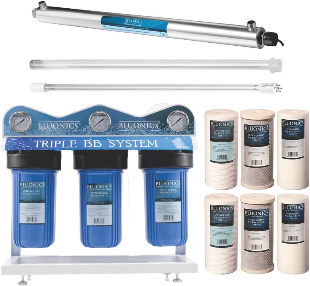 Bluonics Complete Whole House Well Water Filtration System 12 GPM 55W UV Purifier with Triple 4.5