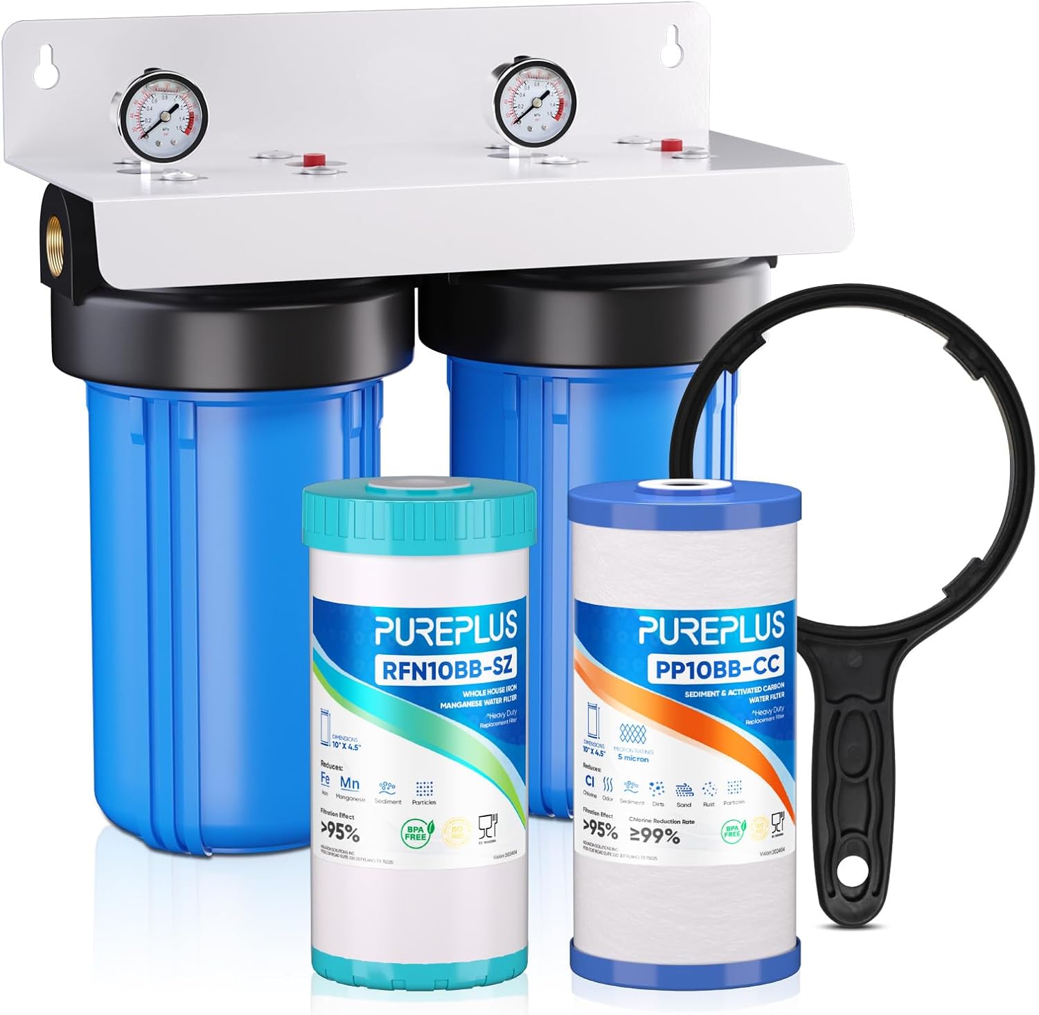 PUREPLUS 2-Stage Whole House Water Filtration System, Reduces Chlorine, Odor, Heavy Metals, Iron, Manganese, 10