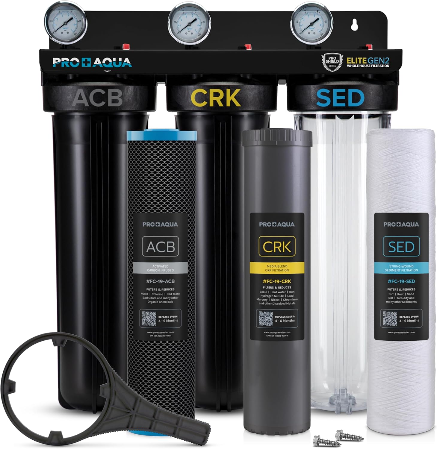 PRO+AQUA Elite Series GEN2 PRO-100-E 3-Stage Whole House Water Filtration System for City & Well Water with Pressure Gauge...