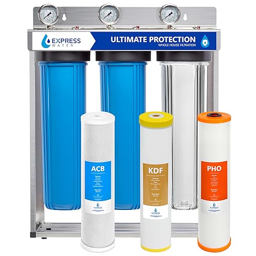 Express Water 3-Stage Whole House Water Filter System, Reduces Heavy Metals, Scale, Chloramine, Chlorine, PFAs, Lead & Arsenic, Free-standing Stainless Steel Frame & 3 Pressure Gau